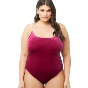 F21 Plus Faux Velvet Rhinestone body suit 2x Fuchsia